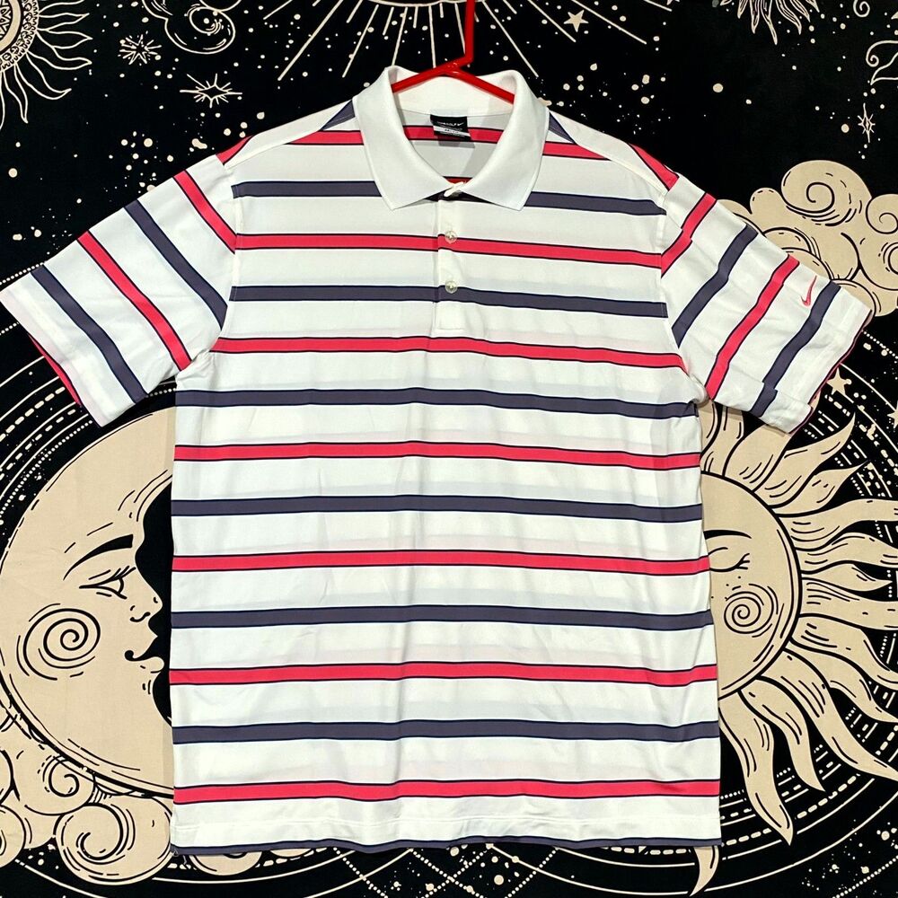 Nike Dri-Fit Polo Shirt Men's L White Striped Golf Performance Summer Sports